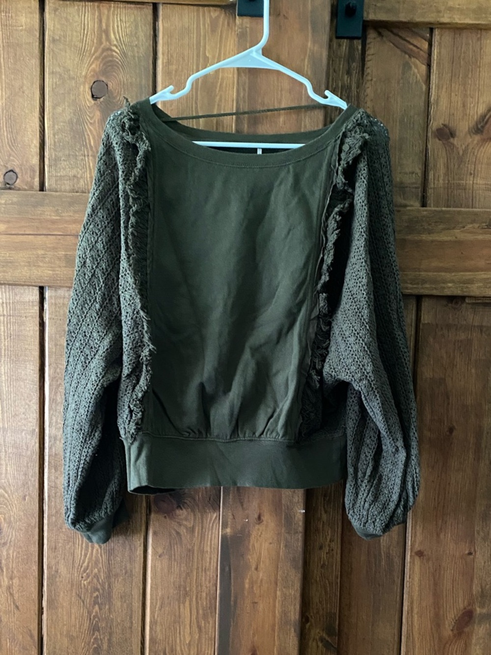 Free People Green Crochet Sleeves Fringed Pullover